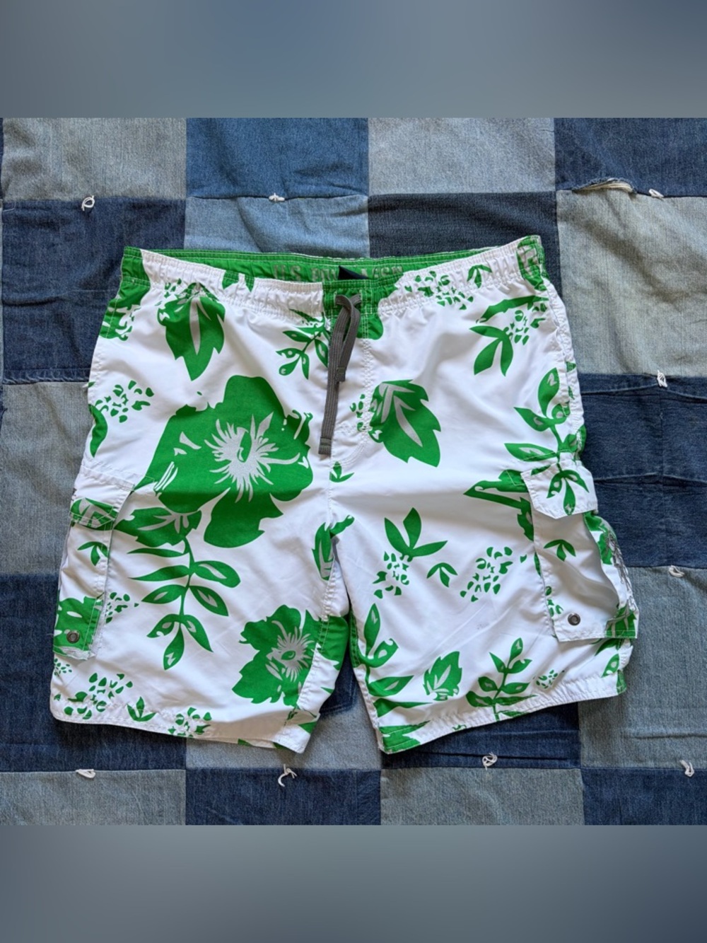 y2k US POLO ASSN board shorts green white swim trunks size L adjustable waist
